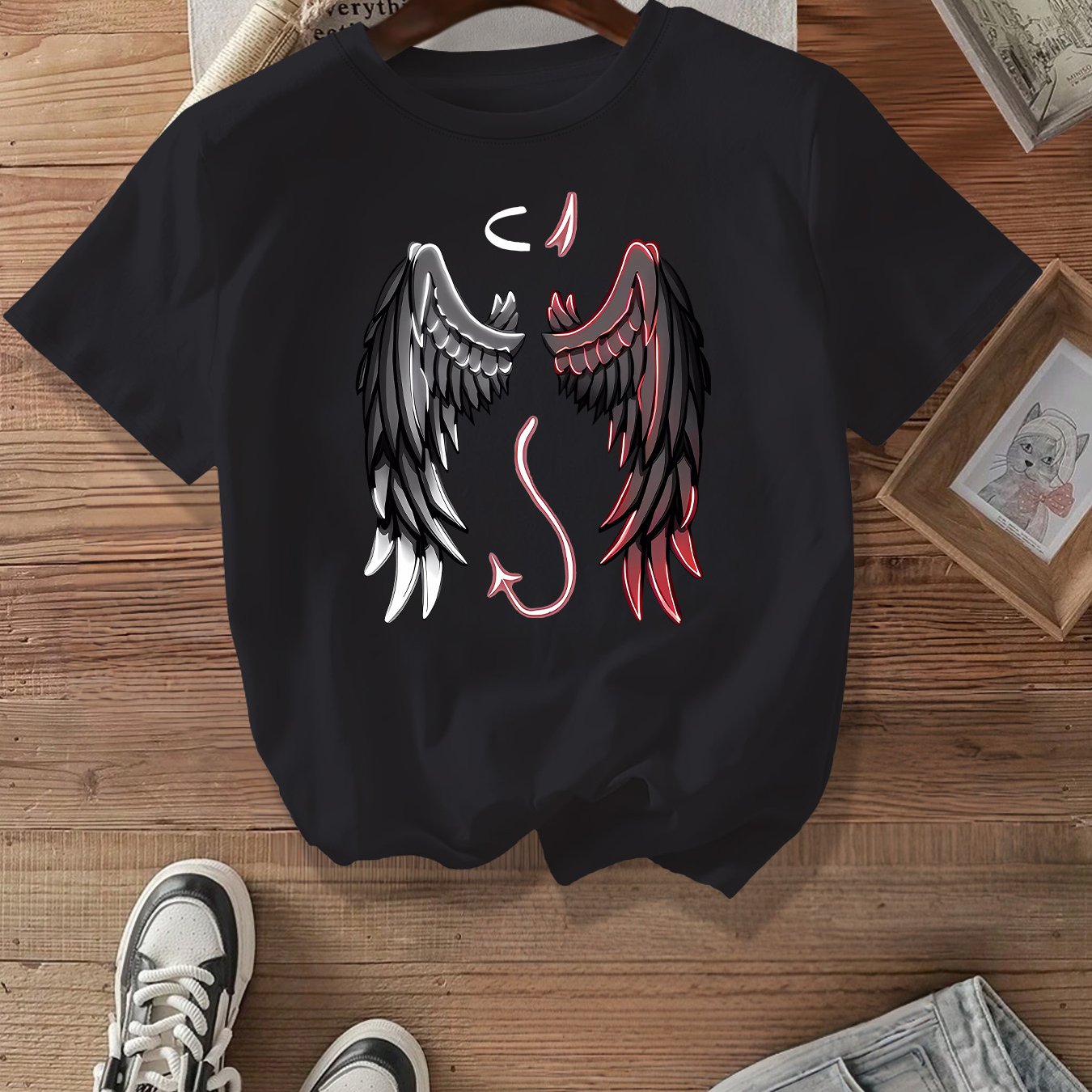 Plus Size Women's Angel & Devil Wings Graphic Print T-Shirt Black Pink Casual Cotton Short Sleeve