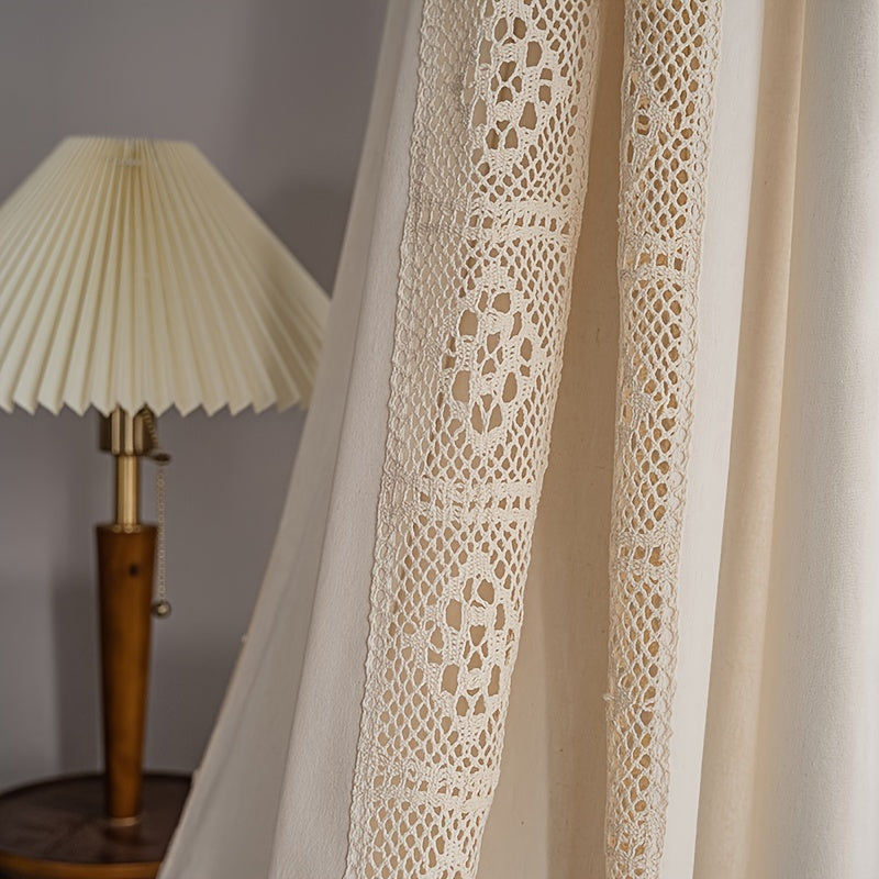 Cortinas boho de lino semi-opacas con patchwork de crochet crema para sala de estar y dormitorio