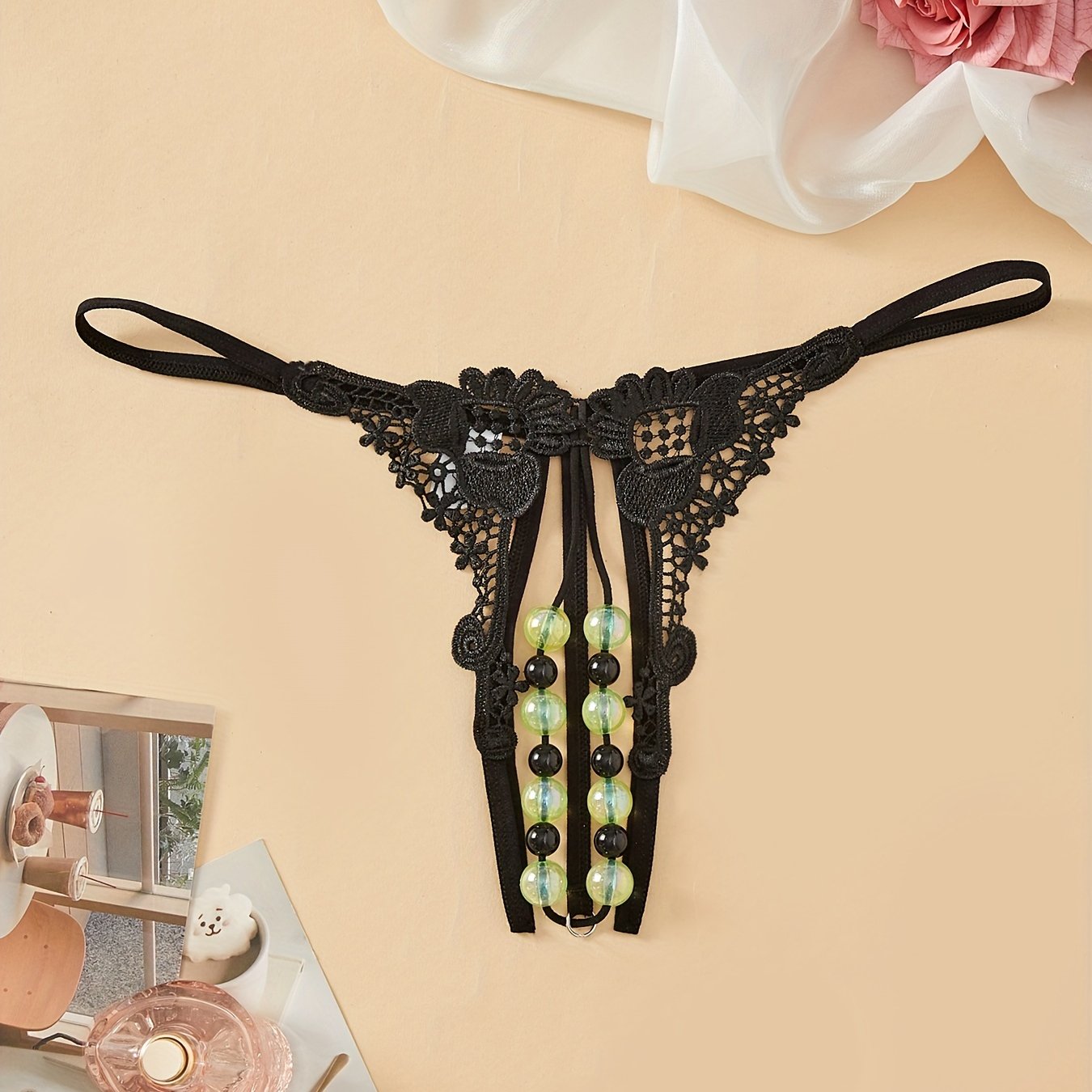 Women’s Lace Double Row Beads Open Crotch Thongs Low Waist Lingerie