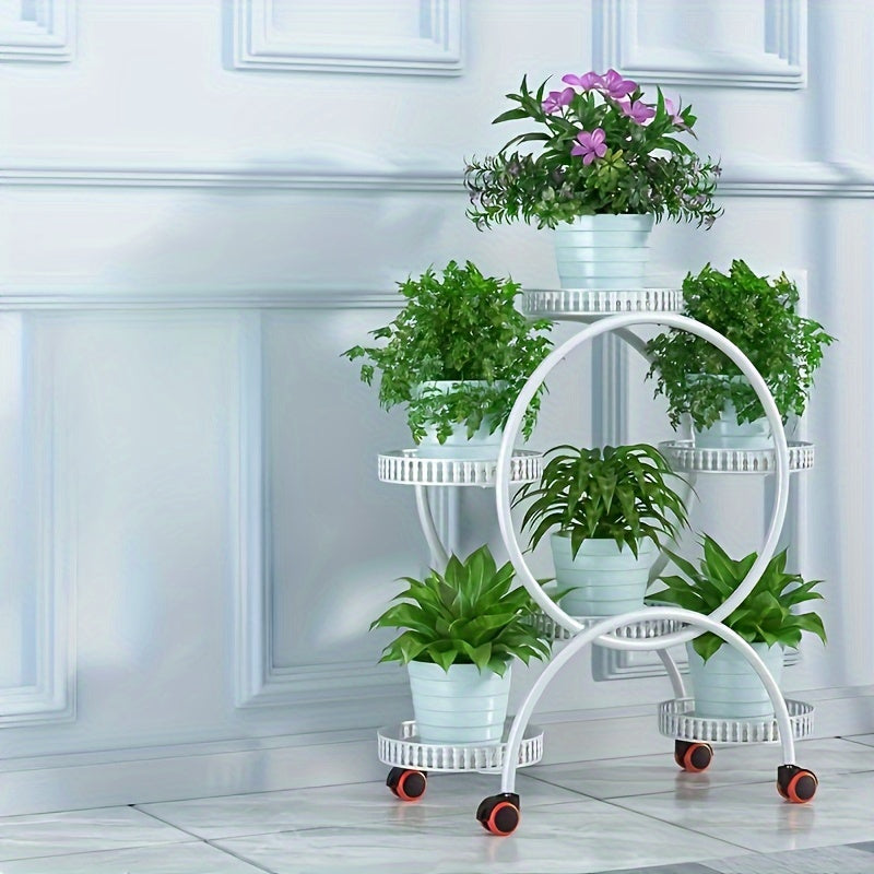 European-Style Metal Hanging Plant Stand with Wheels Multi-Level Indoor Outdoor Circular Design