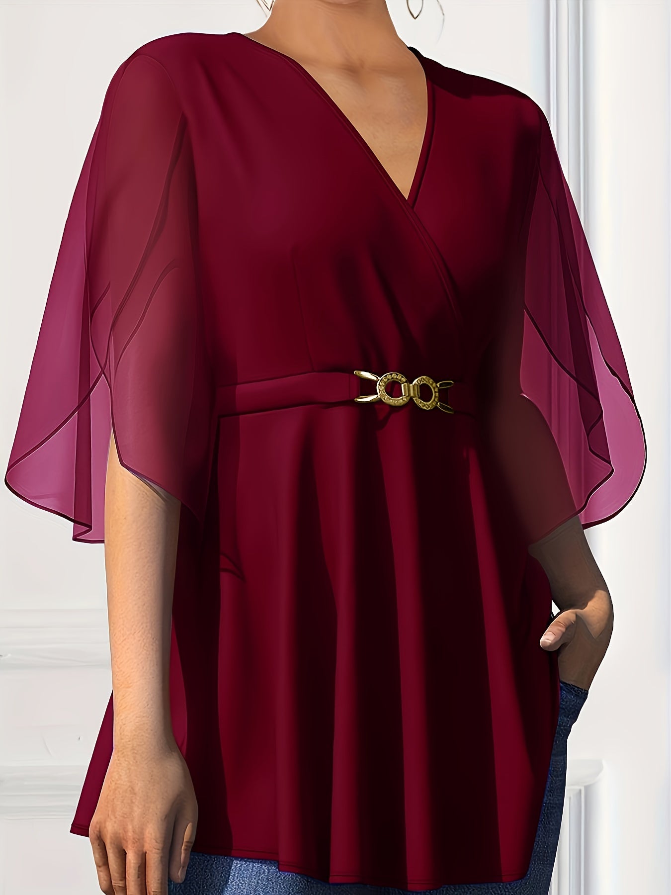 Women's Chiffon V-Neck Summer Top with Cinched Waist