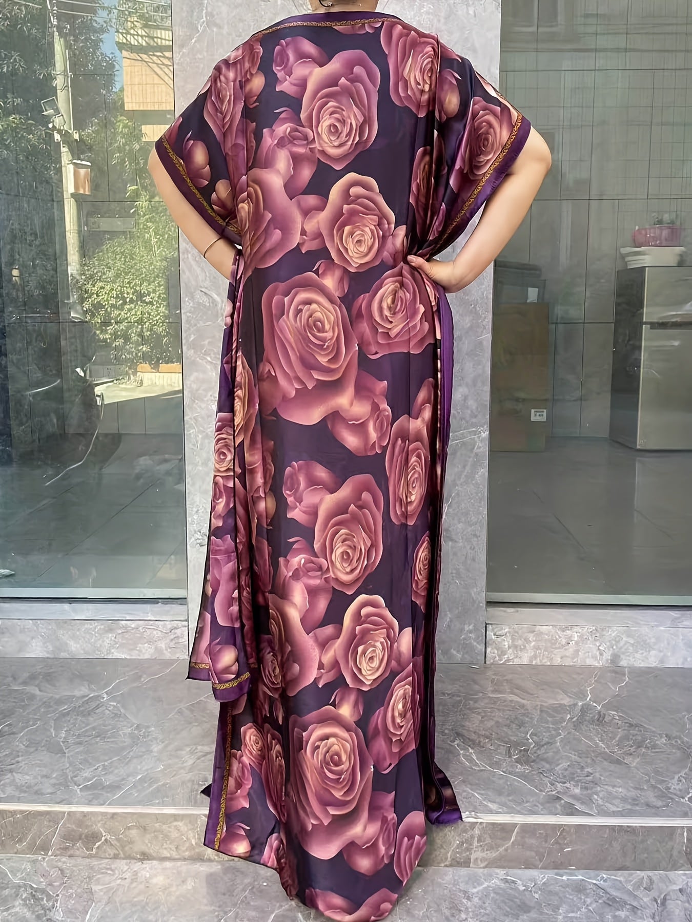 Women's Plus Size Floral Tunic Dress with Scarf Polyester Loose Fit Long Dress