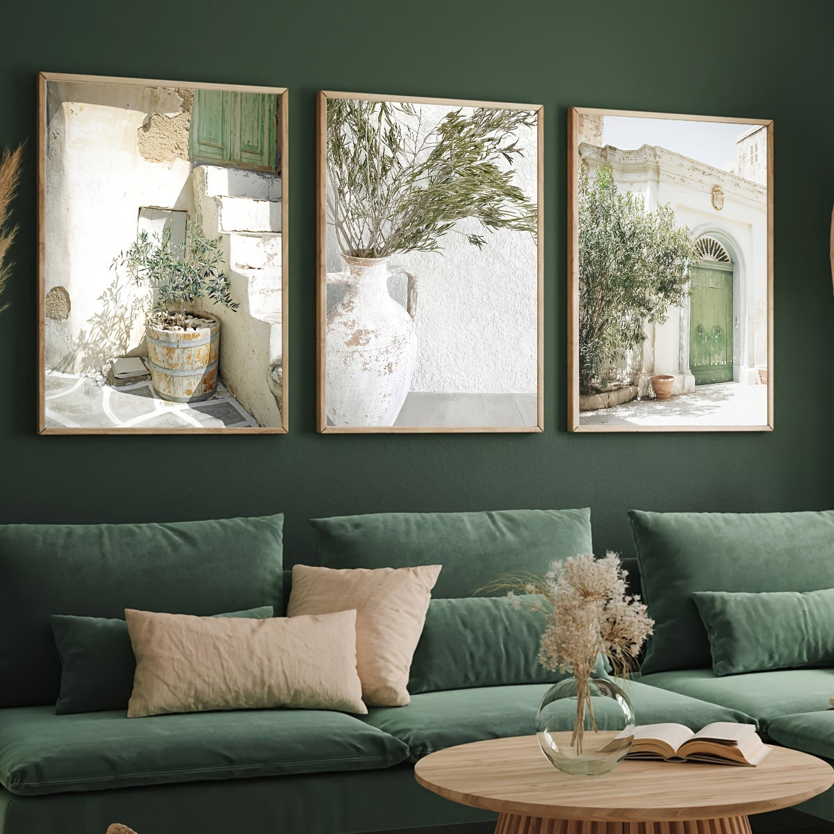3 zaytun daraxti manzarali san'at nashrlari zamonaviy rustik devor bezaklari uchun, bahor/yoz bargi naqshi bilan. Yashash xonasi, yotoqxona yoki ovqatlanish joyi uchun ideal. Ramkasiz, portret yo'nalishi.