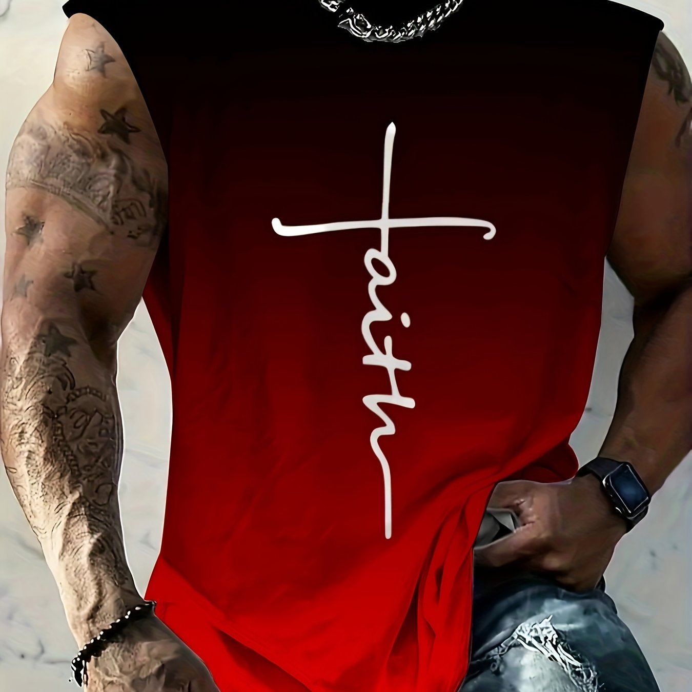 Erkaklar uchun Plus Size Gradient "Faith" Print Tank Top qora va teal dizaynida, yozgi fitnes, mashg'ulotlar va tasodifiy kiyimlar uchun mos, nafas oladigan va cho'ziluvchan, PLUS SIZE.