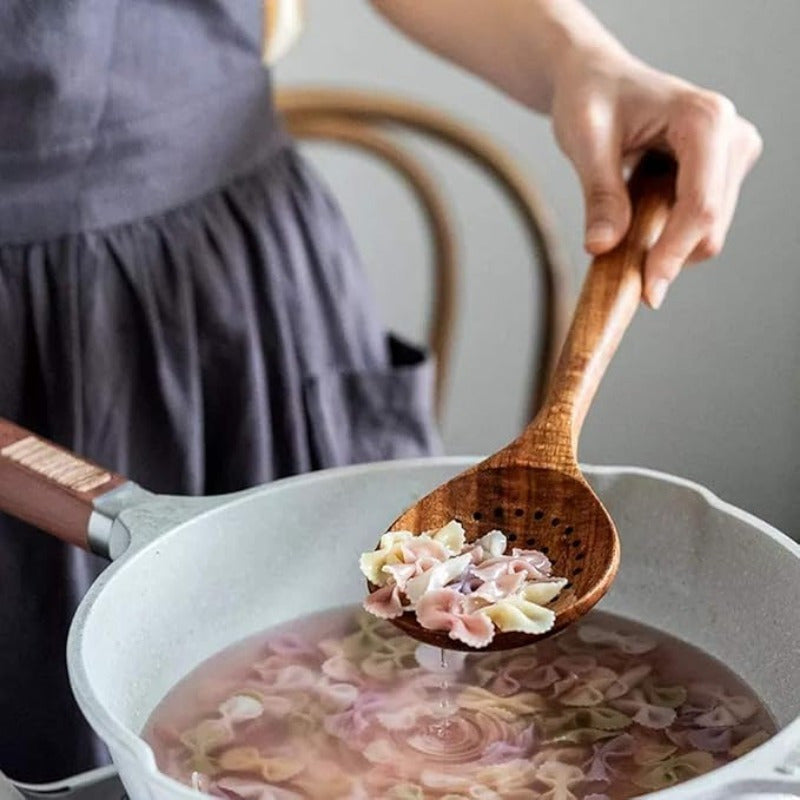 Durable Teak Wooden Cooking Spoon Set with Holder Kitchen Utensils for Cooking