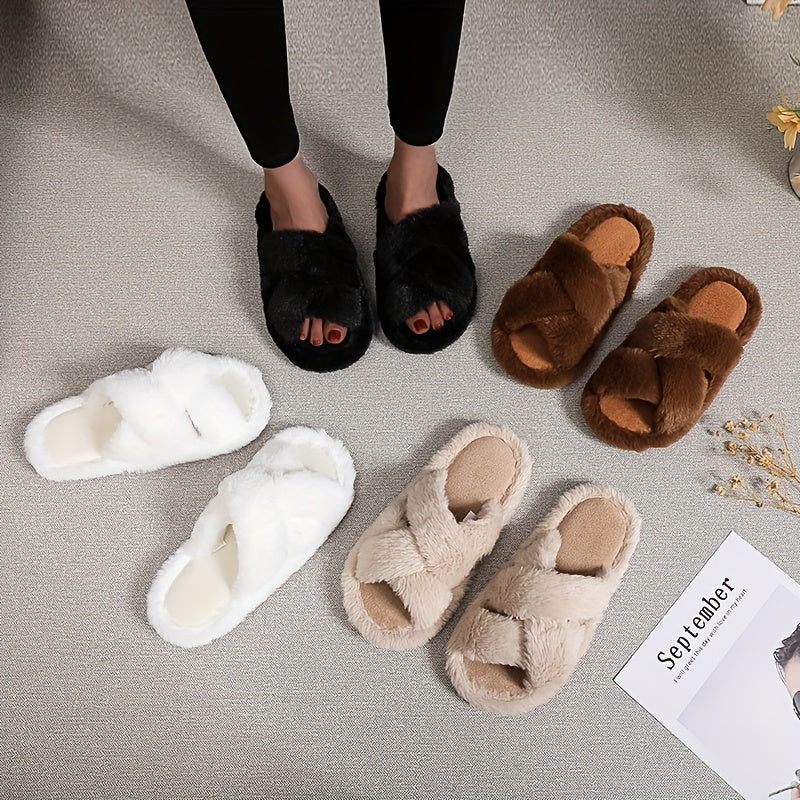 Women's Plush Non Slip Indoor Slip-On Slippers with Cross Straps