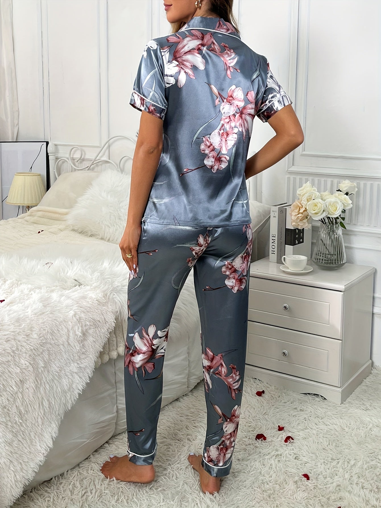 Women's Satin Pajama Set with Floral Print, Button-Up Collar, Machine Washable