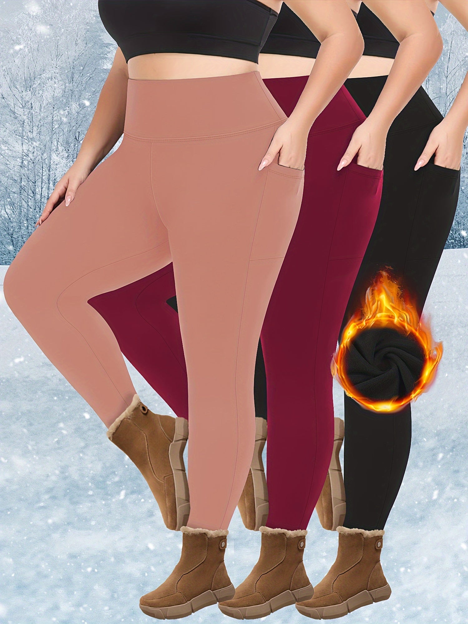 Plus Size High-Waist Fleece-Lined Leggings with Pockets for AutumnWinter Black Gray Burgundy