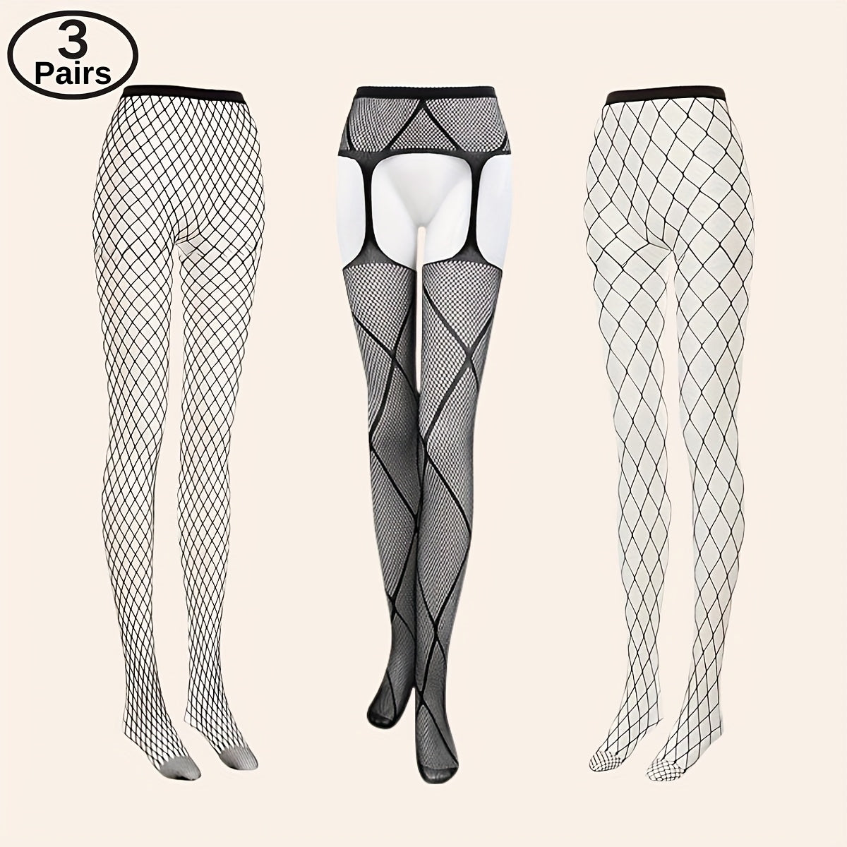 Women's Fishnet Stockings Set with Garter Belts and Thong