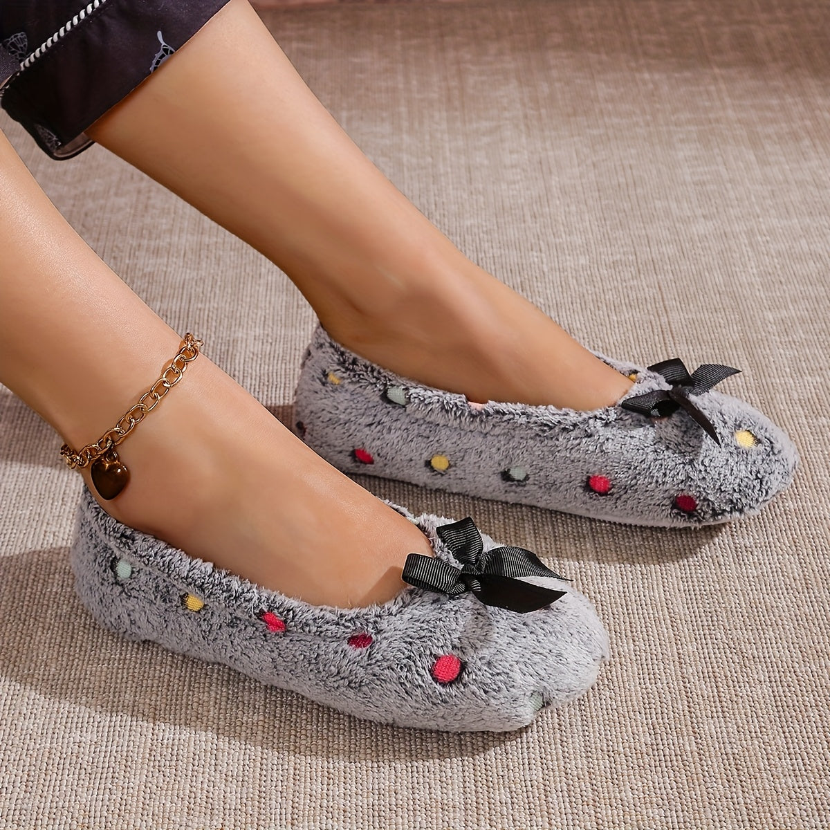 Women Polka Dot Slip-On Shoes Plush Indoor Home Non-Slip Gray Pink Brown