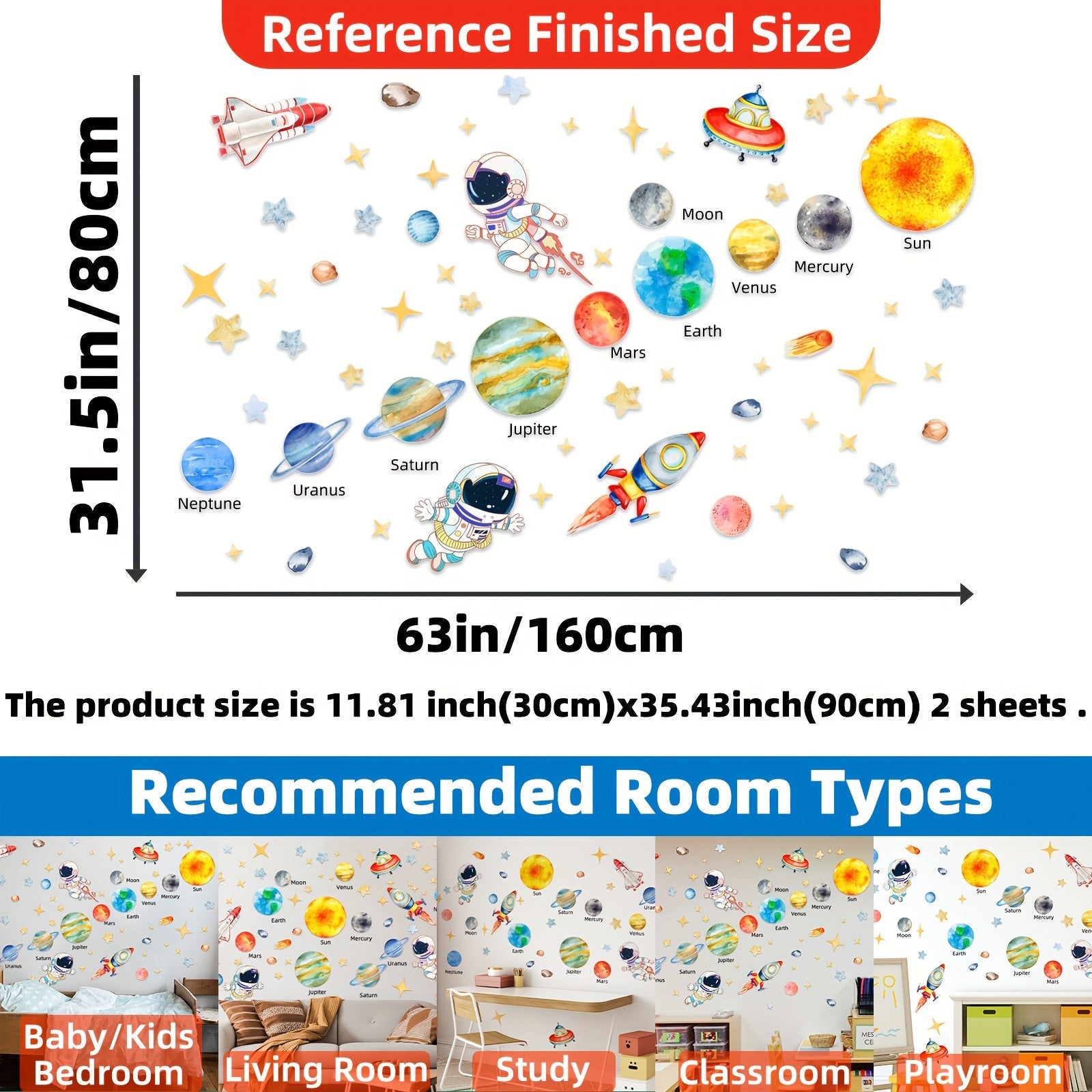 Space Themed Wall Decals Set with Astronauts Stars UFOs Planets and Spaceships 160x80cm