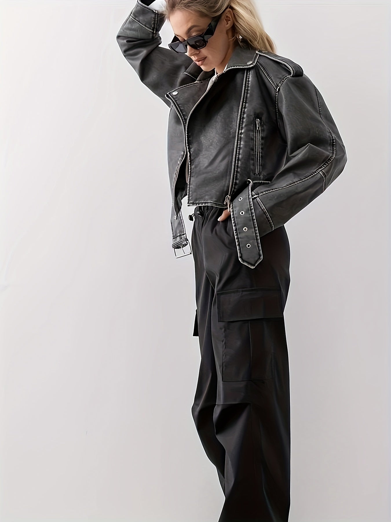 Women's Gray PU Leather Motorcycle Jacket with Adjustable Waist Belt for Spring and Fall