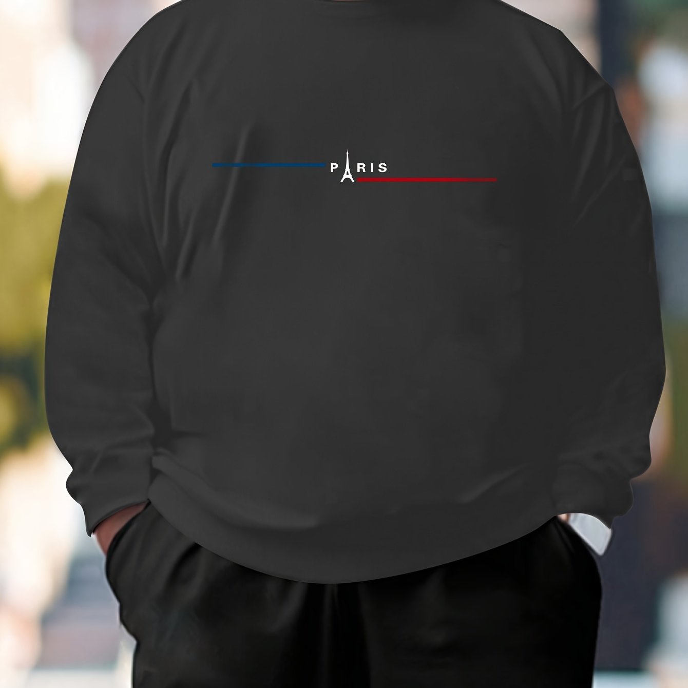 Camiseta de manga larga para hombre de talla grande con inspiración parisina y cuello redondo, con estampado de letras y tela elástica para primavera y otoño