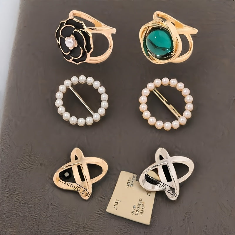 Set of 12 Elegant Alloy Scarf Clips with Pearls and Rhinestones for Women