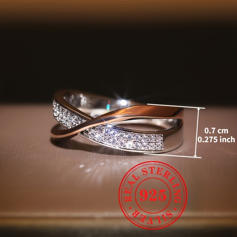 Women's Two Tone Mobius Sterling Silver Ring with Pave Zirconia for Daily Wear