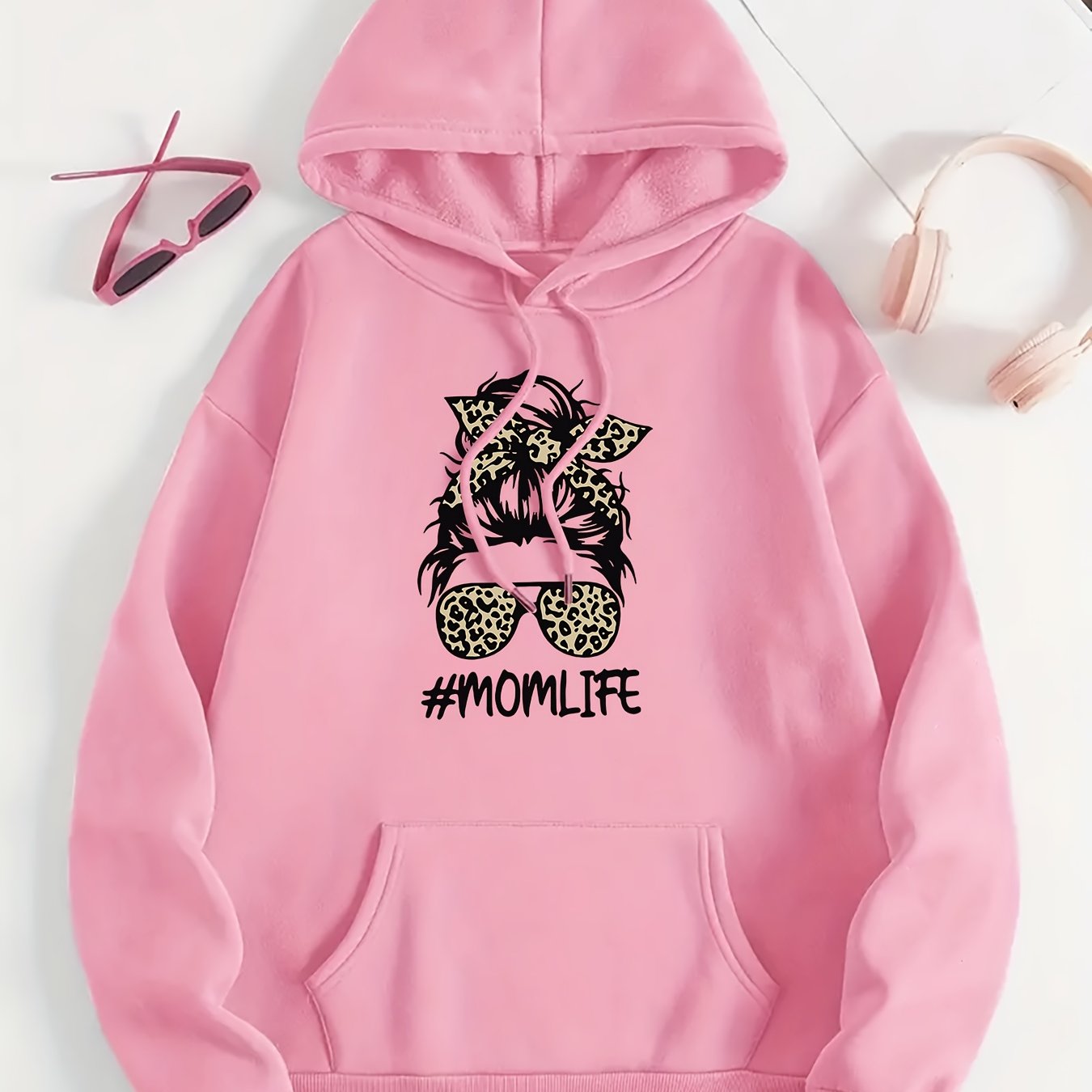 Women's Fleece Hoodie with Leopard Print Bow and Graphic Ivory Sweater