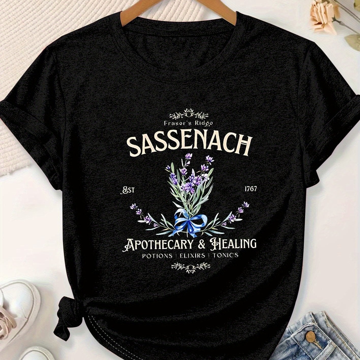 Plus Size Women's Lavender Letter Print Casual T-Shirt Floral Short Sleeve