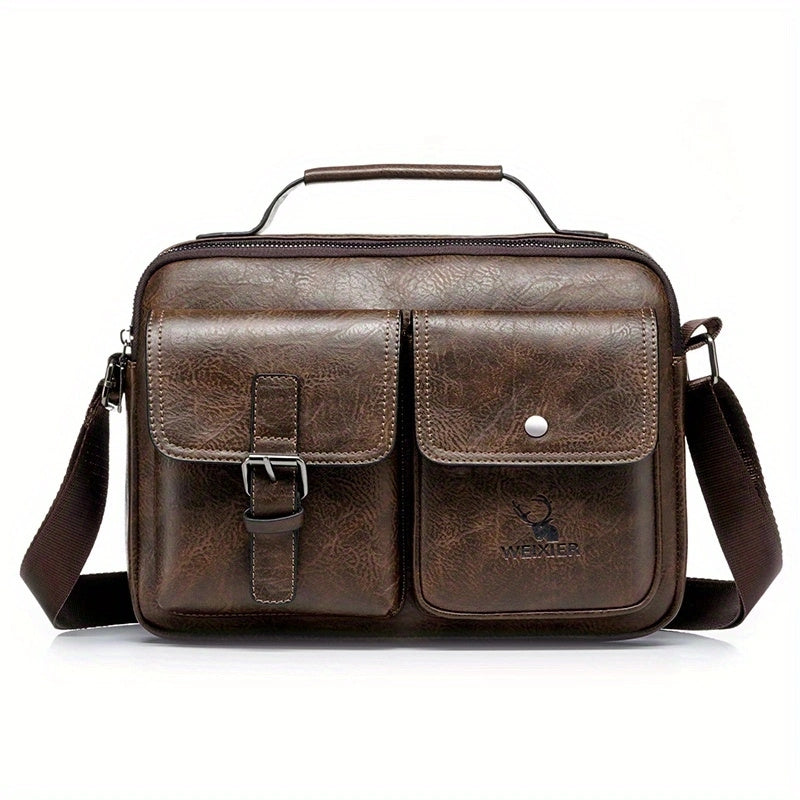 Men's PU Business Crossbody Bag Light Brown Adjustable Shoulder Strap for Office and Casual Use