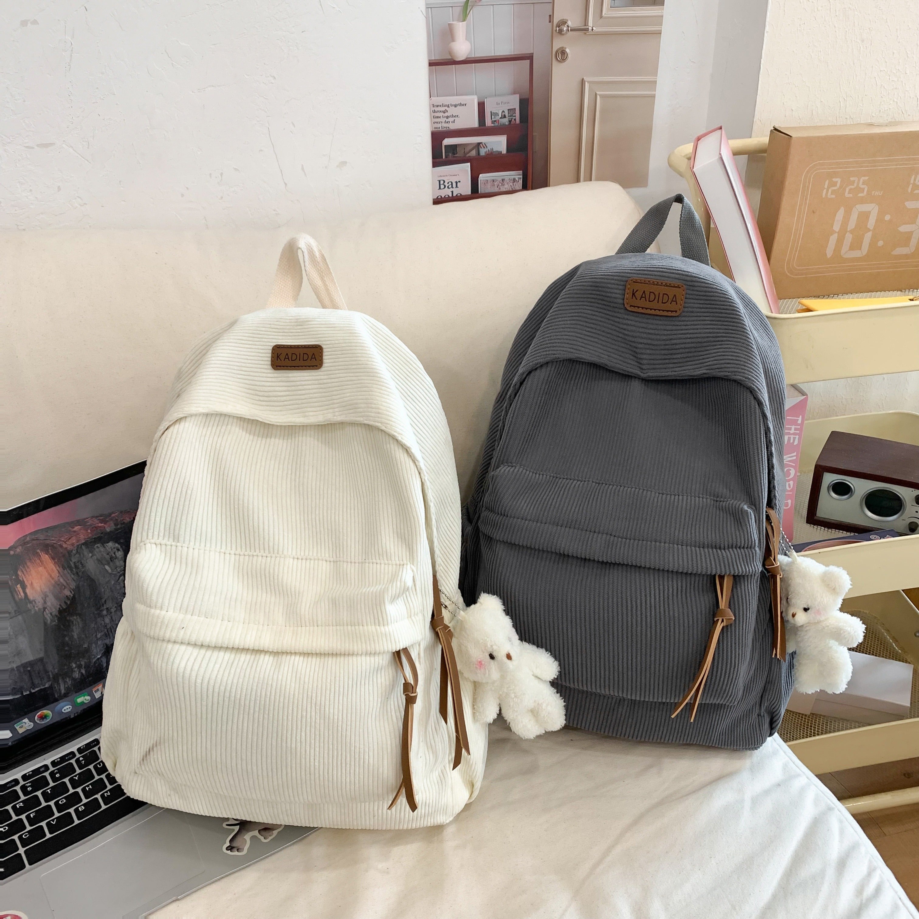 Women's Large Capacity Corduroy Backpack with Bear Pendant for School