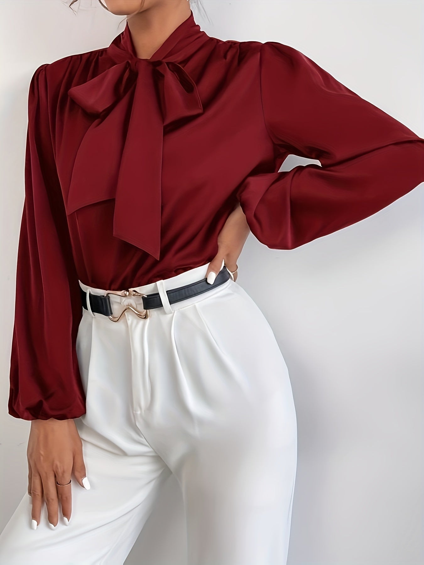 Women's Solid Color Tie-Neck Blouse for Spring and Fall