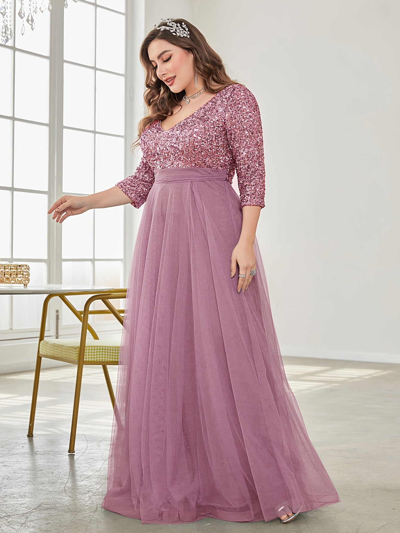 Vestido largo de novia y dama de honor con lentejuelas de talla grande, falda de tul