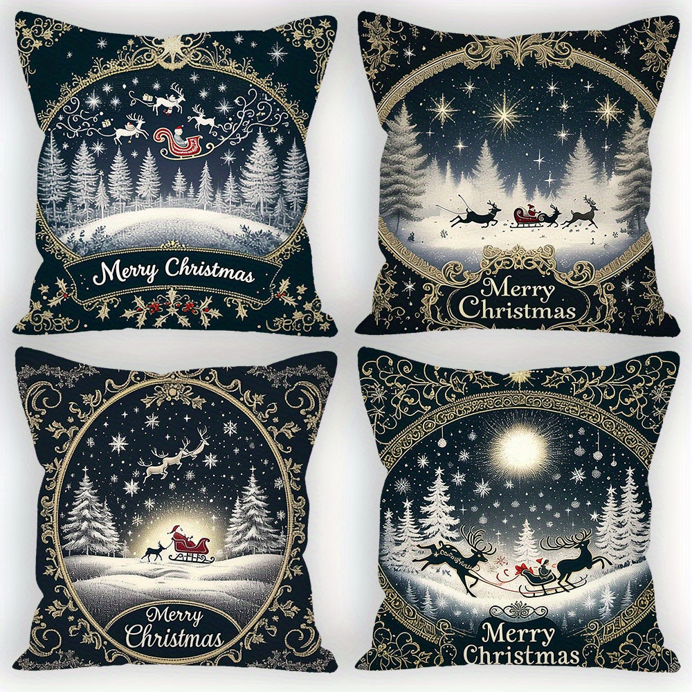 Set of 4 Christmas Throw Pillow Covers Santa Reindeer Plush 45.72cm Machine Washable