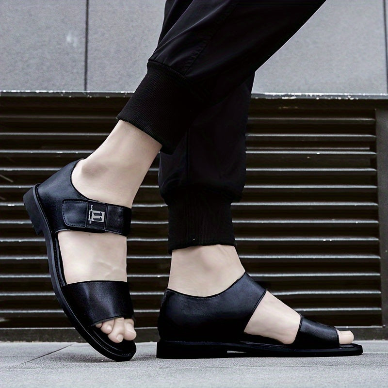 Мужские летние повседневные сандалии из разделанной кожи, резиновая подошва, застежка-липучка, однотонный цвет