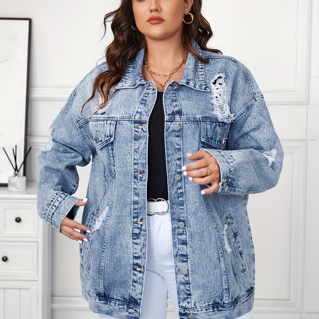 Plus Size Women's Denim Jacket Casual Long Sleeve Button-Up