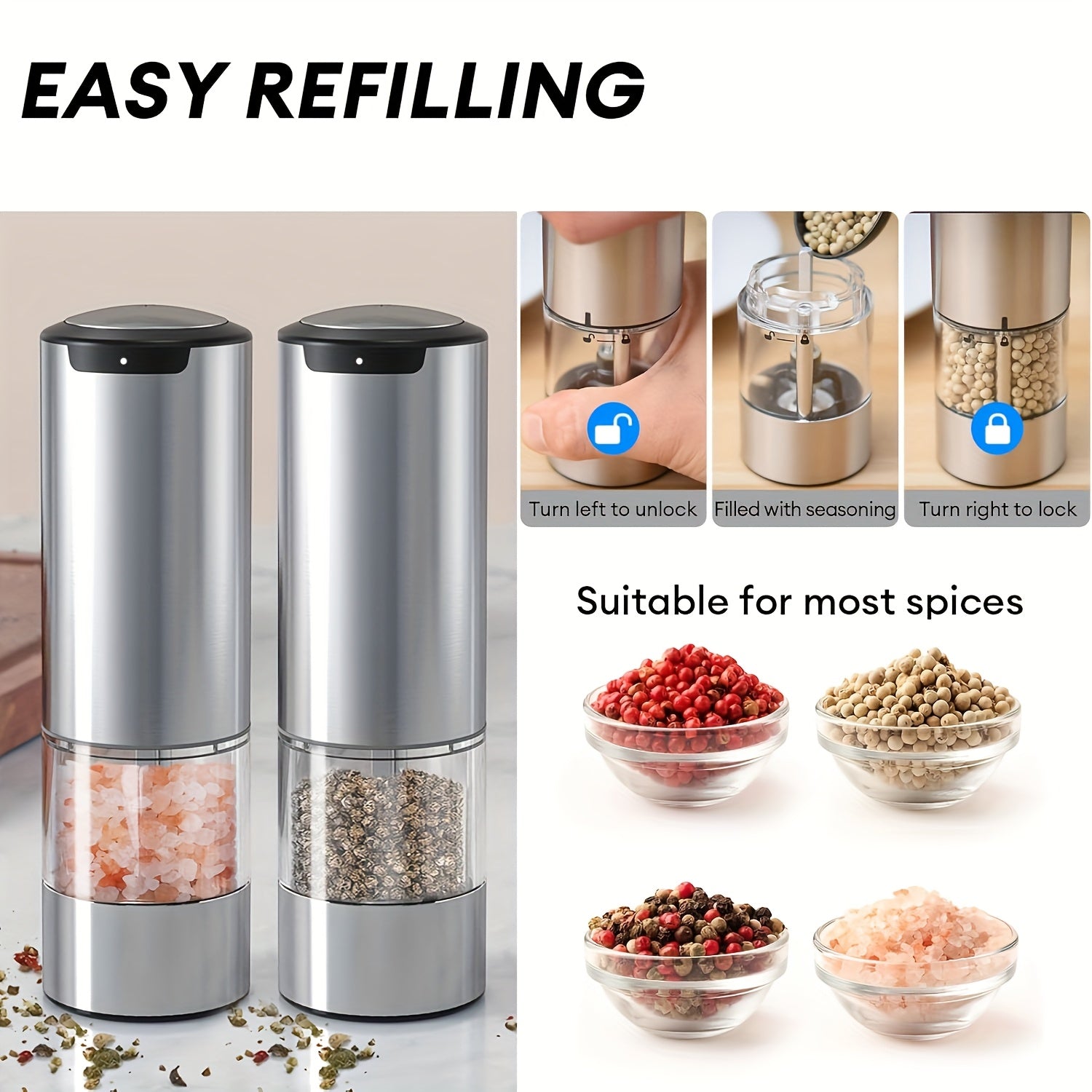 Par de molinillos eléctricos de sal y pimienta de acero inoxidable con carga por Type-C