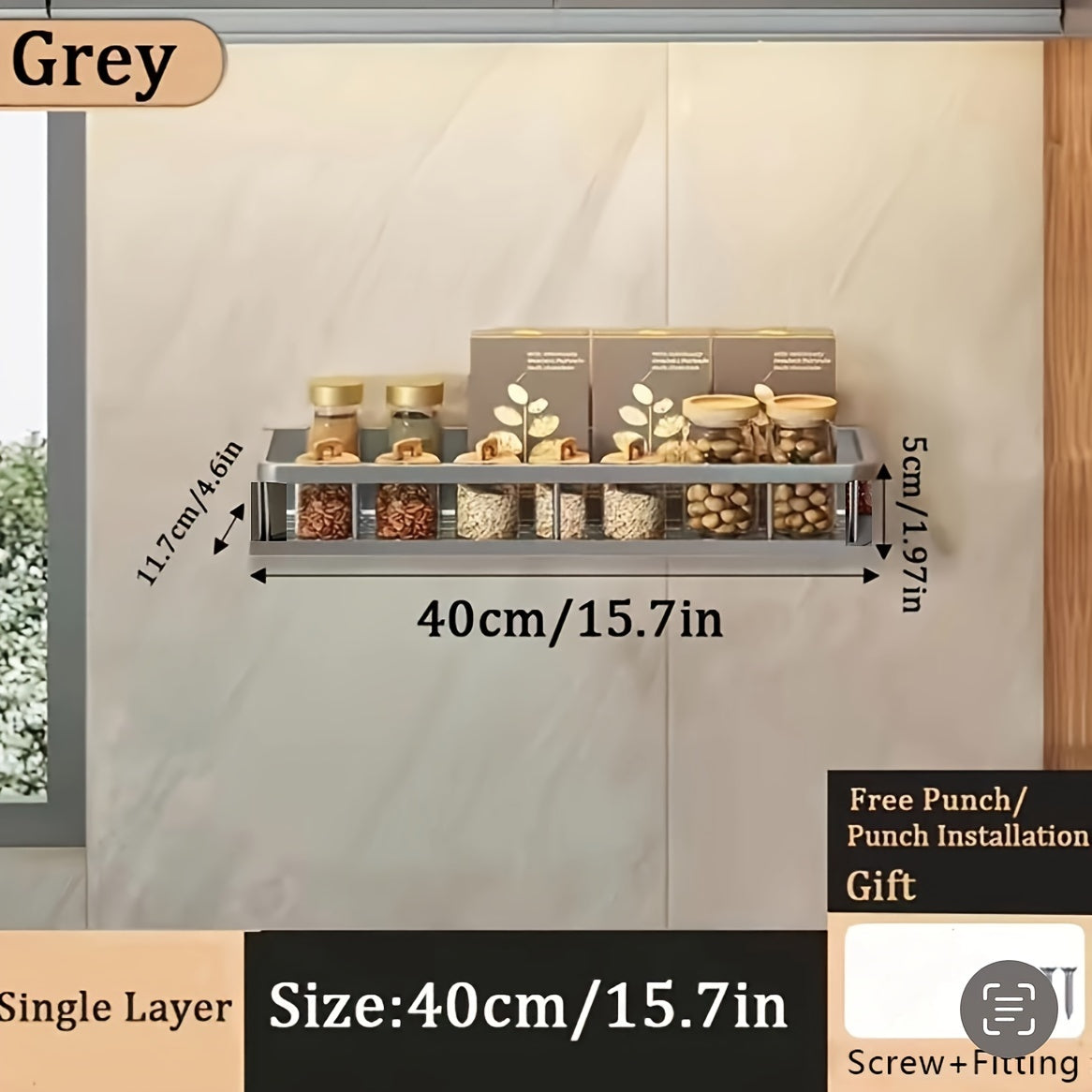 Aluminum Wall-Mount Spice Rack Kitchen Organizer for Spices and Cookware