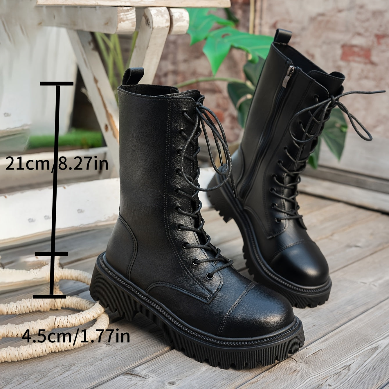Women Chunky Platform Boots Leather Mid-Calf Non-Slip Sole All-Season
