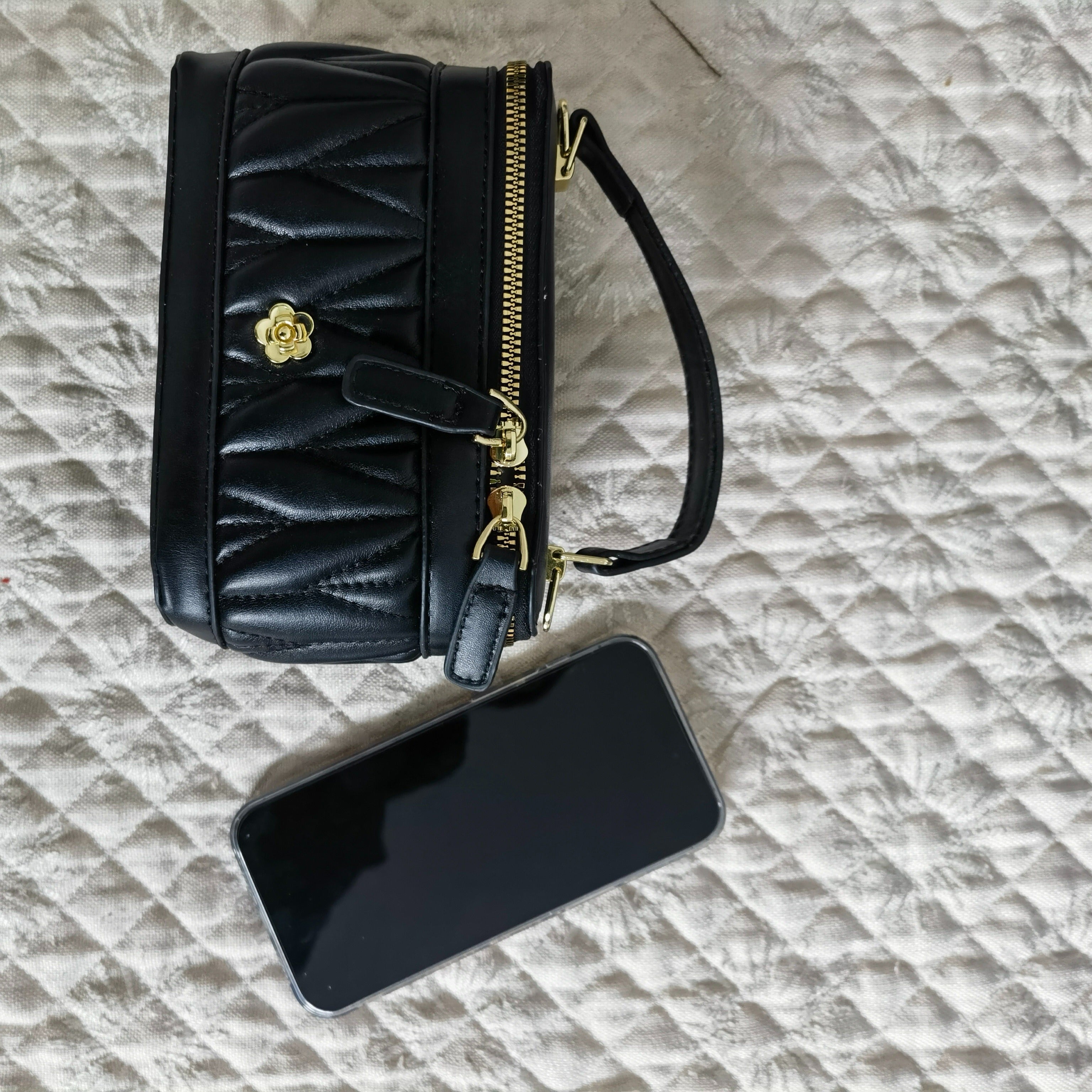 Quilted Box Handbag for Women with Contrast Crossbody Strap Black Coffee PU Embroidered Pattern