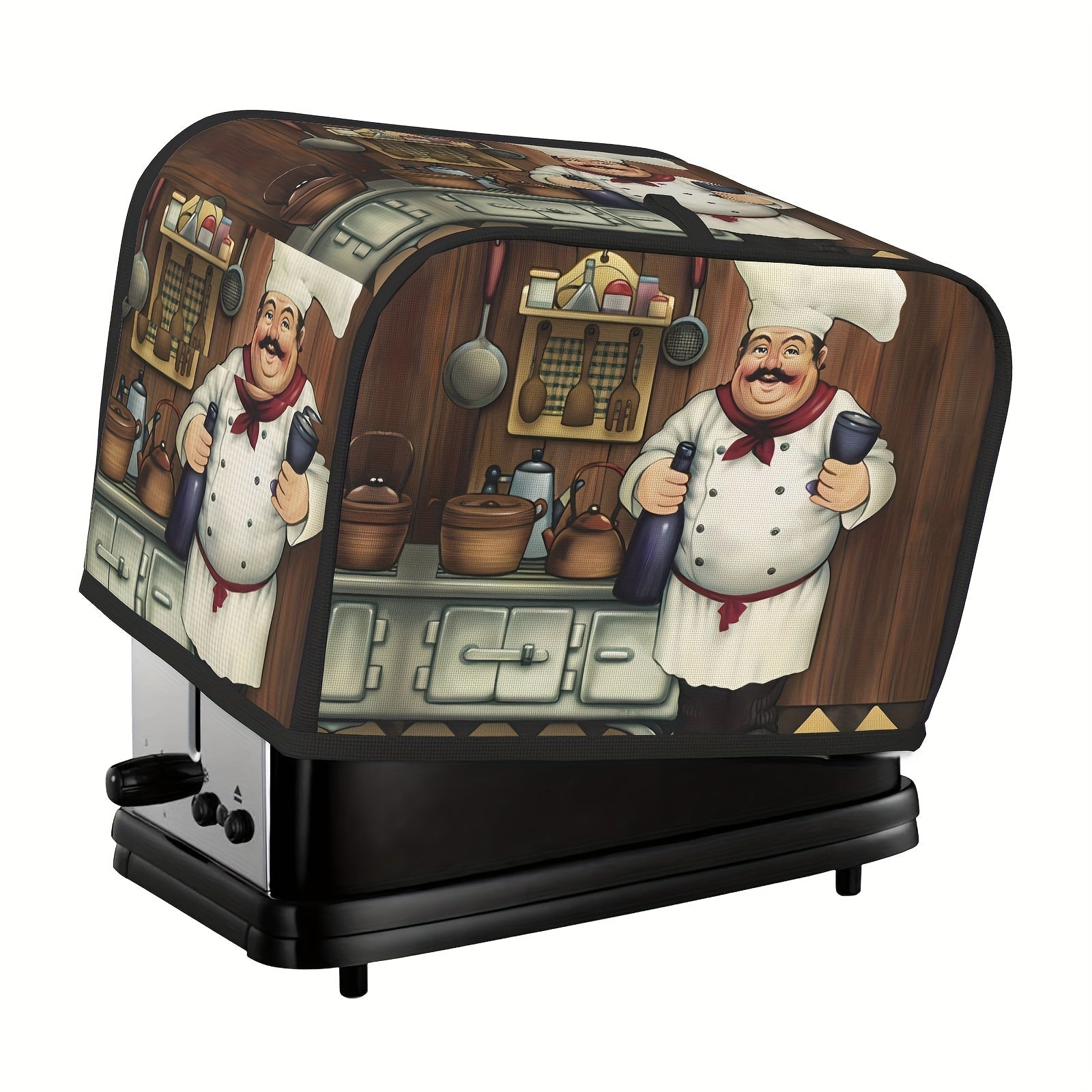 Vintage Farmhouse uslubidagi tost qopqog'i, kulgili semiz oshpaz dizayni bilan, standart 2/4 bo'lakli tostlar uchun yuvilishi mumkin bo'lgan changdan himoyalovchi oshxona apparati qopqog'i - osish uchun yuqori tutqichni o'z ichiga oladi.