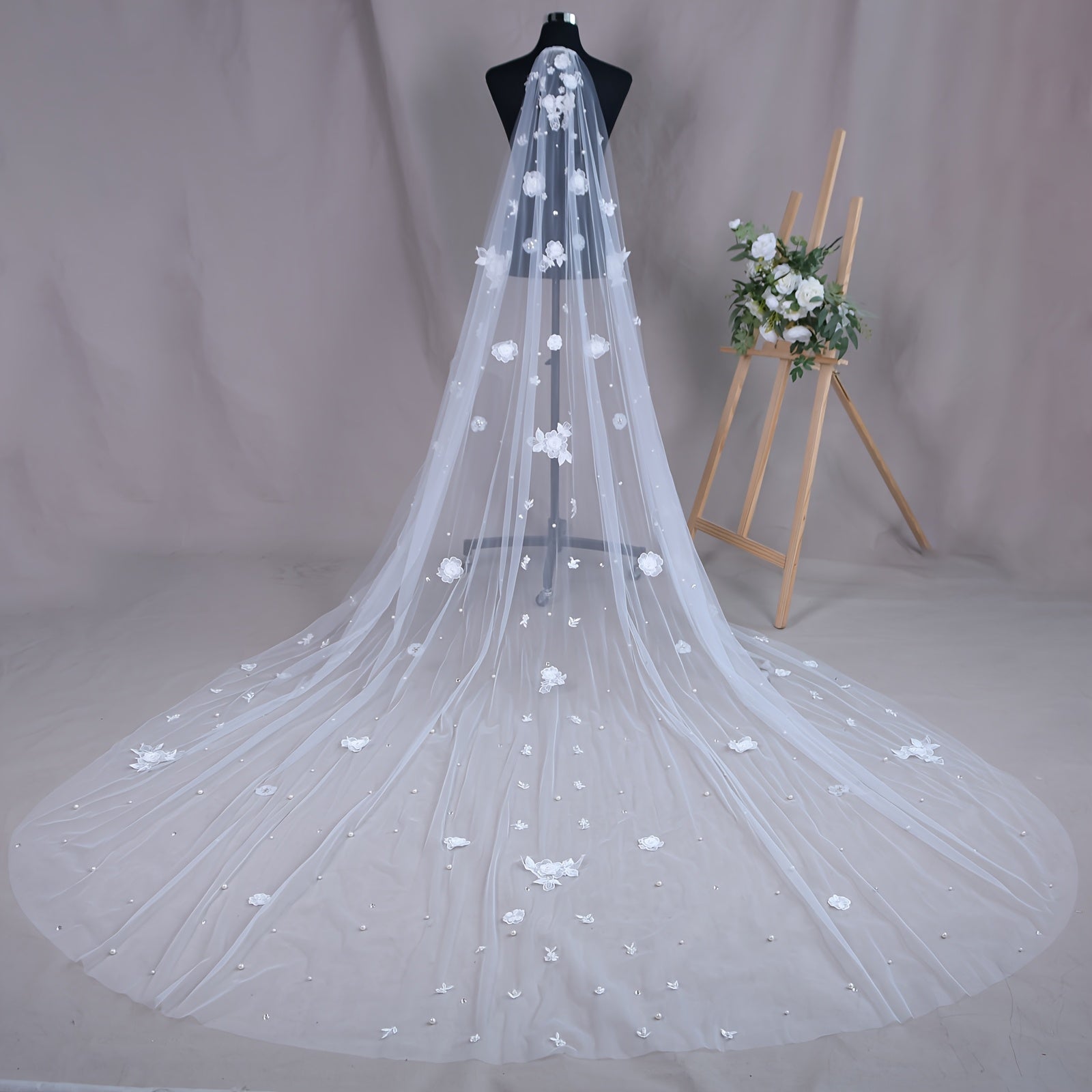 Vintage Bridal Veil with 3D Lace Flowers Nylon Hand Wash Wedding Accessory