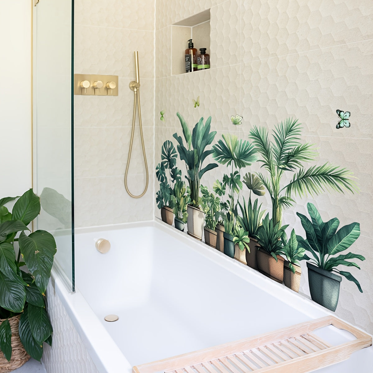 Adhesivo de pared con motivos de vegetación y mariposas para decoración de baño 30x90cm