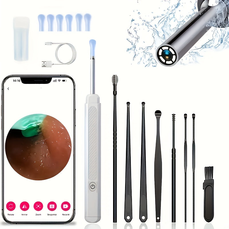 Kamerali yoritilgan quloq qopqog'ini tozalash vositasi, 6 ta silikon quloq qoshiqni o'z ichiga olgan 8 dona to'plam, qayta zaryadlanadigan litiy batareya, USB zaryadlash, 130mAh, zamonaviy quloq qopqog'ini olib tashlash aksessuar.