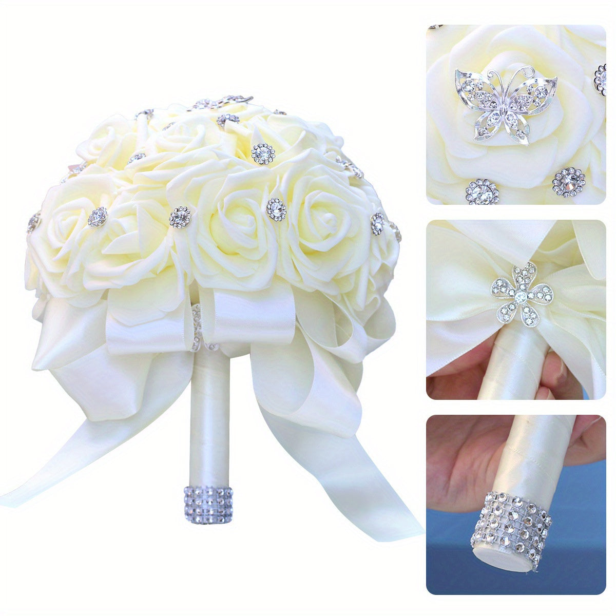 Handcrafted Bridal Bouquet Satin Flowers Rhinestones Pearls for Weddings and Events