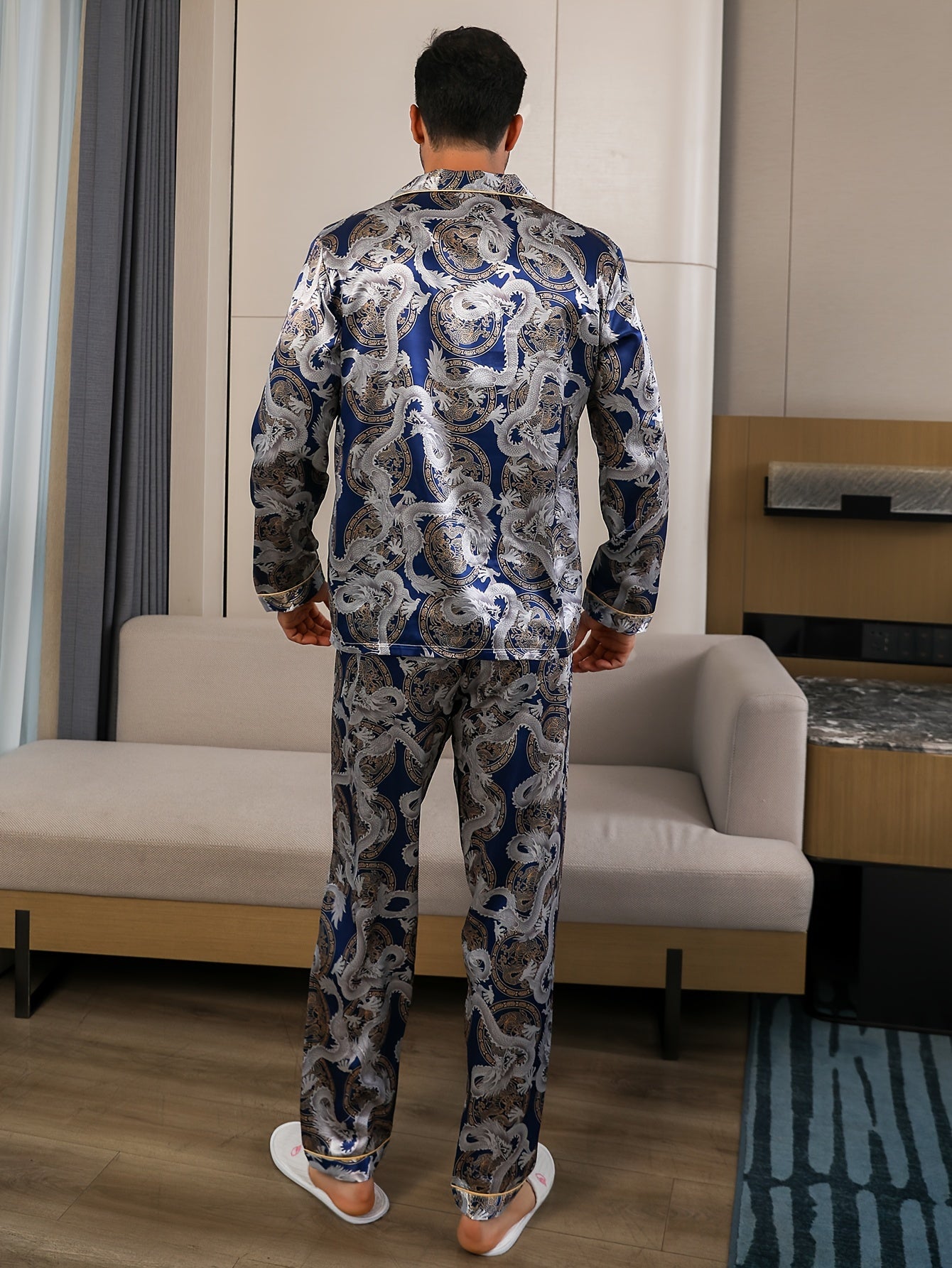 Men's Dragon Totem Print Pajama Set with Pockets Polyester Loose Fit for Spring Summer Fall