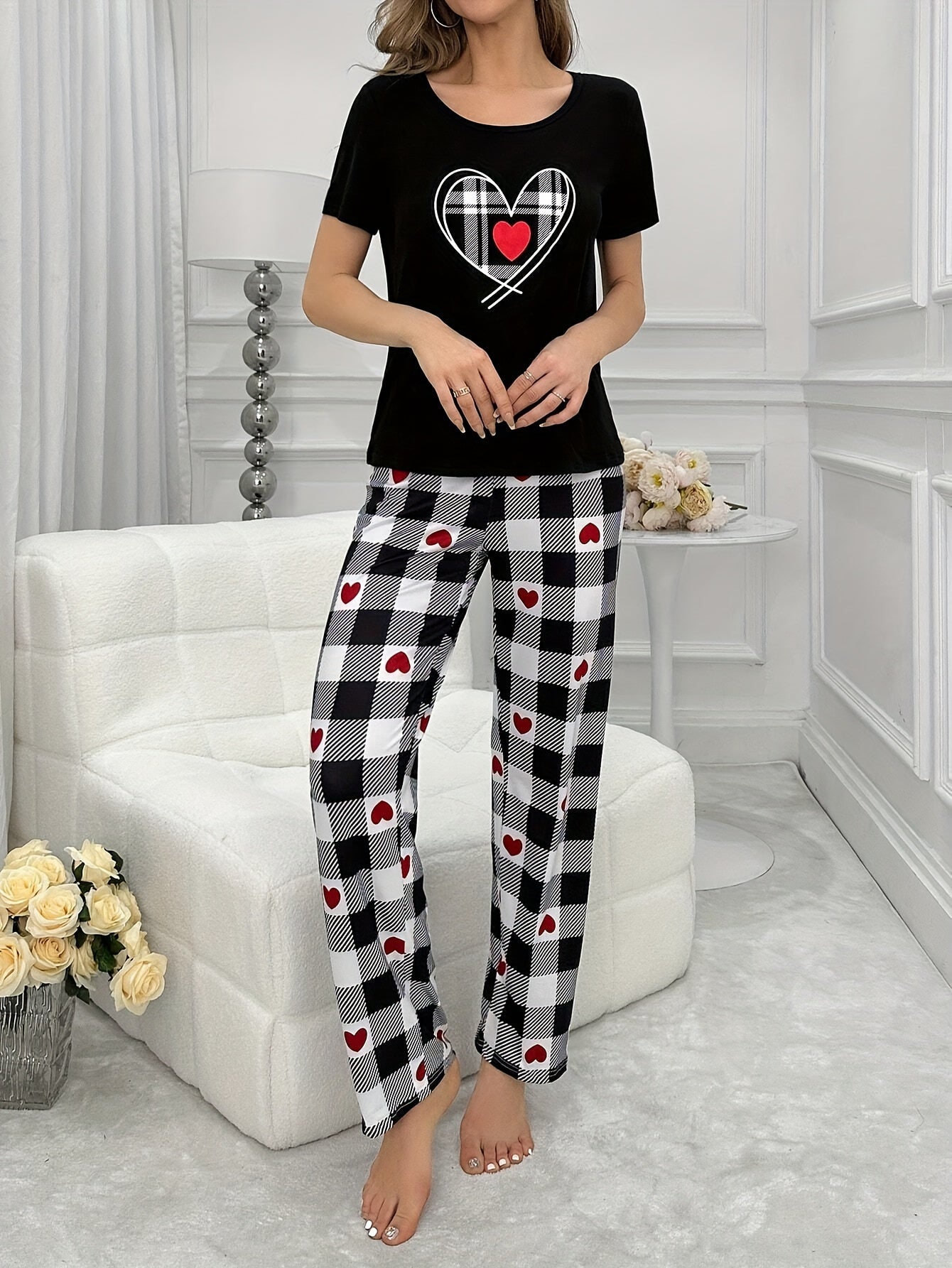 Women's Heart Plaid Pajama Set Short Sleeve Top and Pants Casual All-Season Polyester