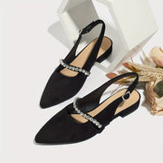 Women's Black Mary Jane Flats with Rhinestone Buckle Pointed Toe