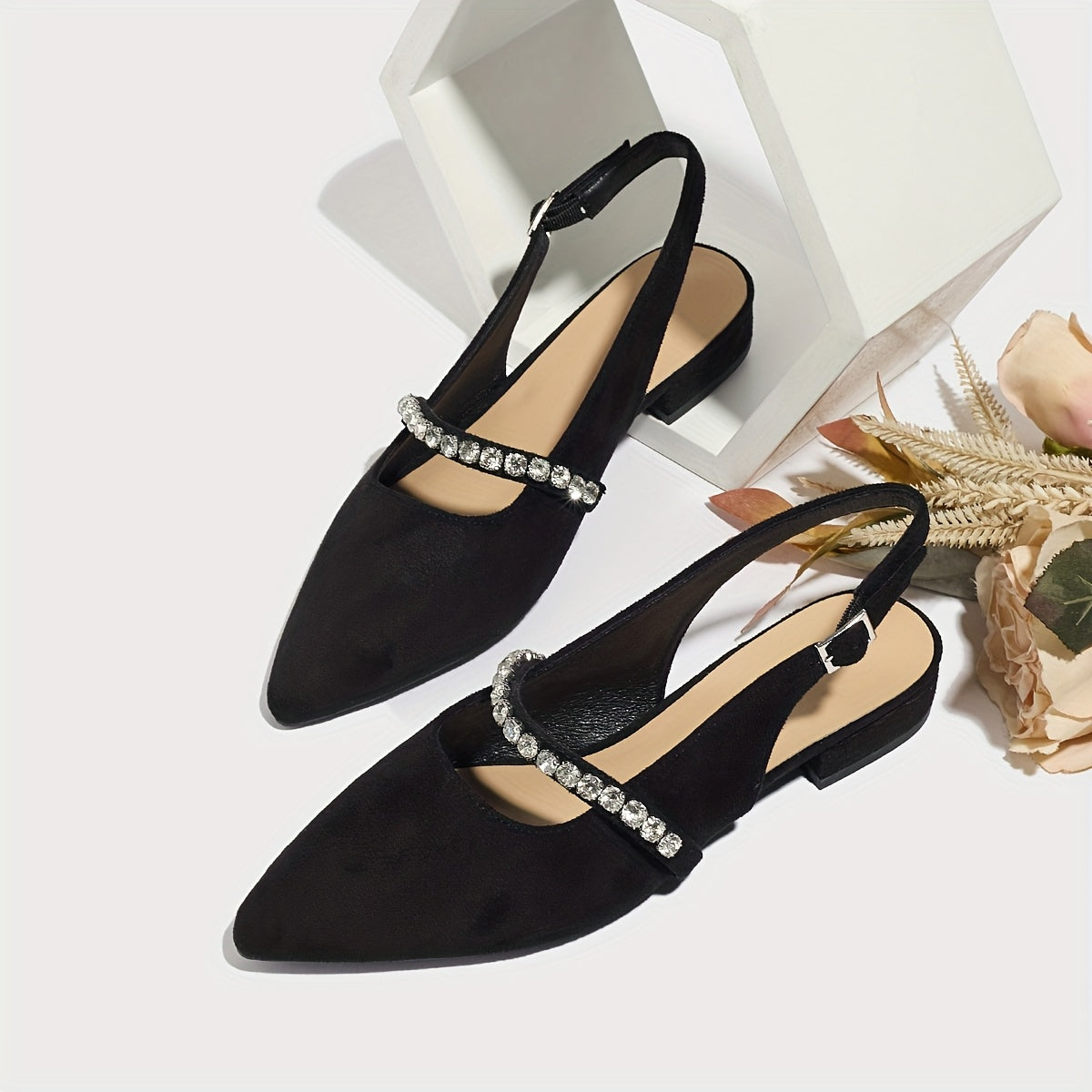 Women's Black Mary Jane Flats with Rhinestone Buckle Pointed Toe