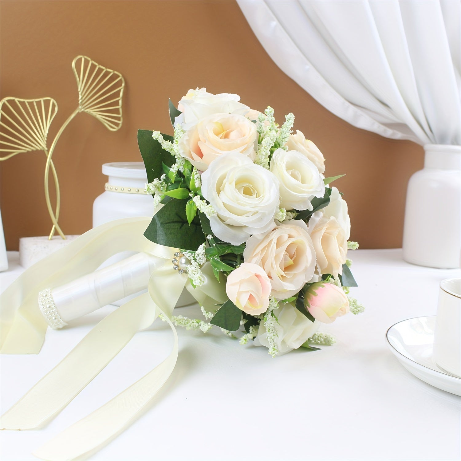 Handmade Rose Bouquet with Faux Pearls and Hemp Rope for Weddings and Events