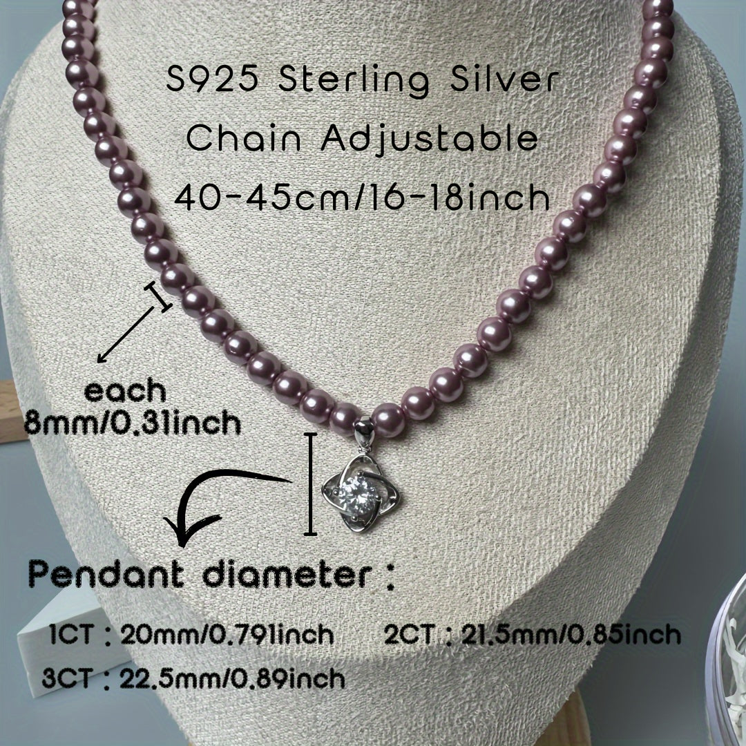 Purple Shell Pearl Necklace with Clover Pendant and Zirconia in 18K Gold Plated S925 Silver for Women