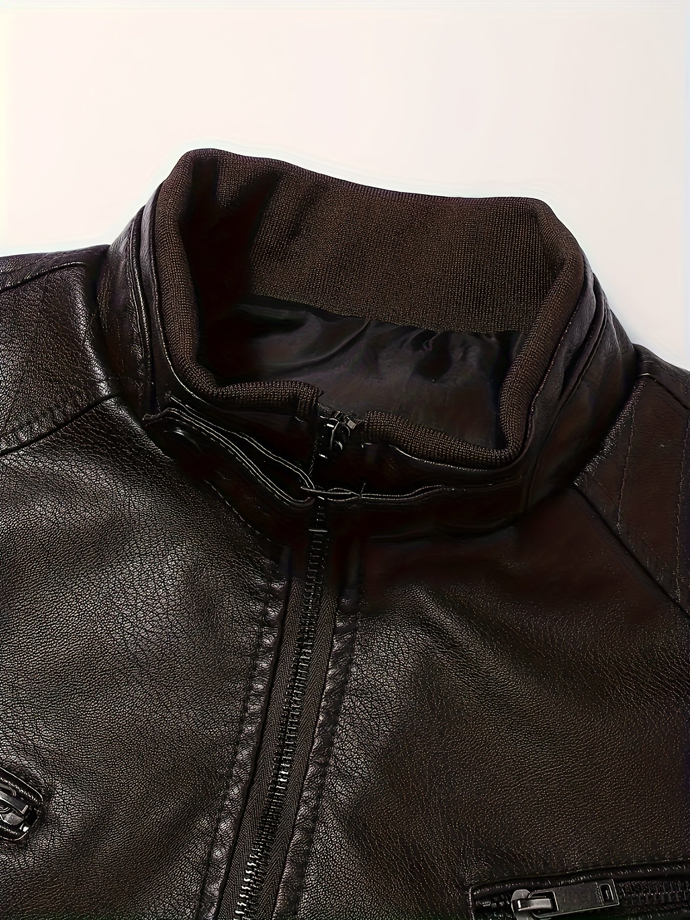 Men's PU Motorcycle Coat for Spring and Autumn with Zipper Stand Collar and Pockets