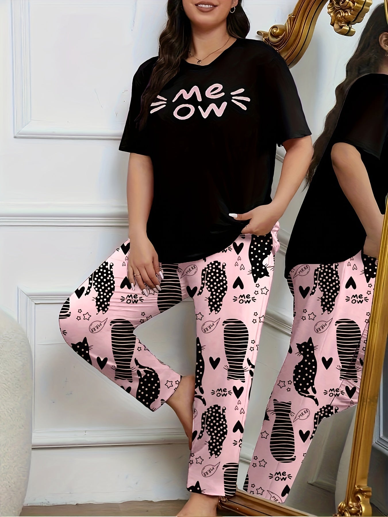 Ayollar uchun katta o'lchamdagi multfilm mushuk bosma pijama to'plami, qisqa qo'lqopli dam olish uchun