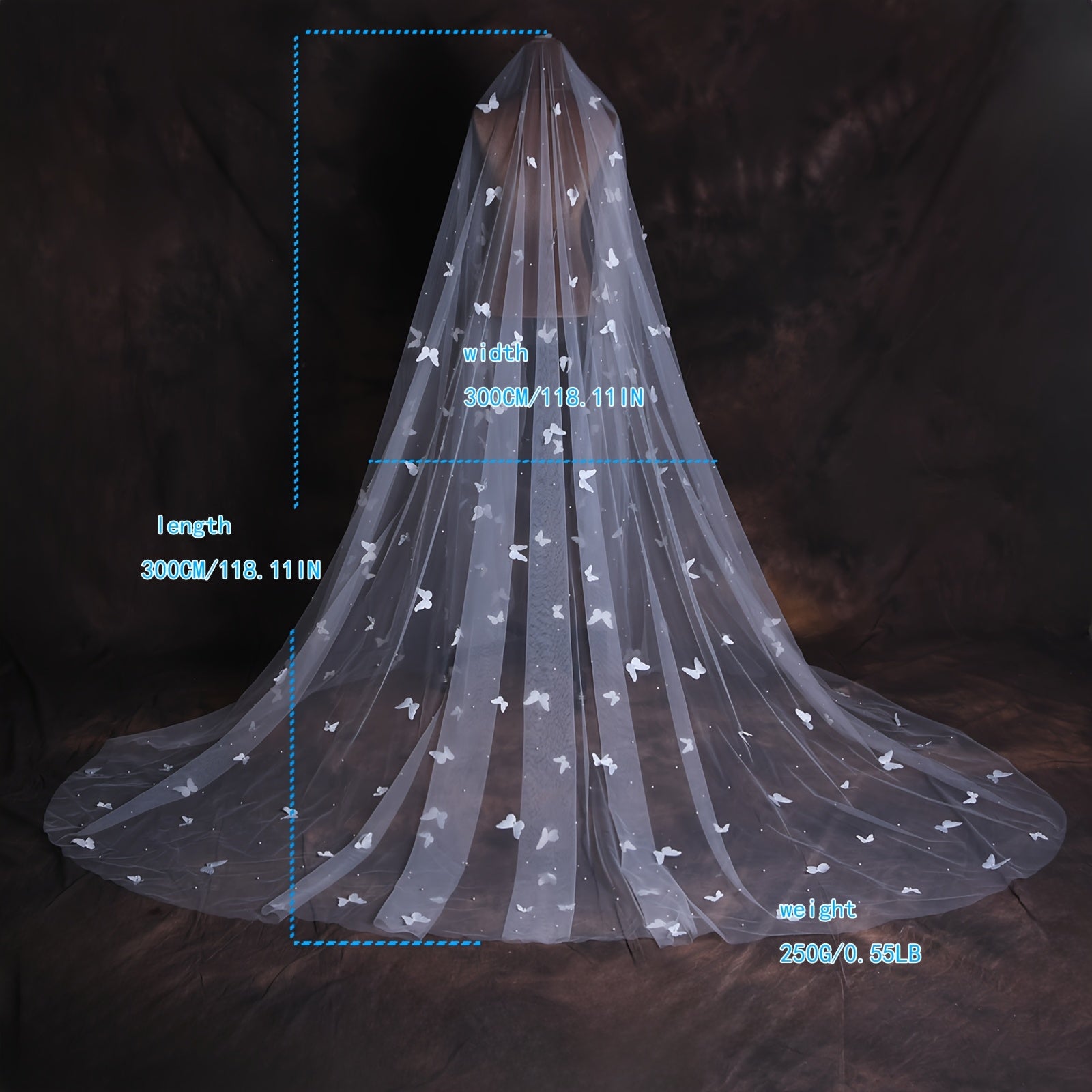 Wedding Veil Beaded Butterfly Cathedral Length Nylon Bridal Accessory