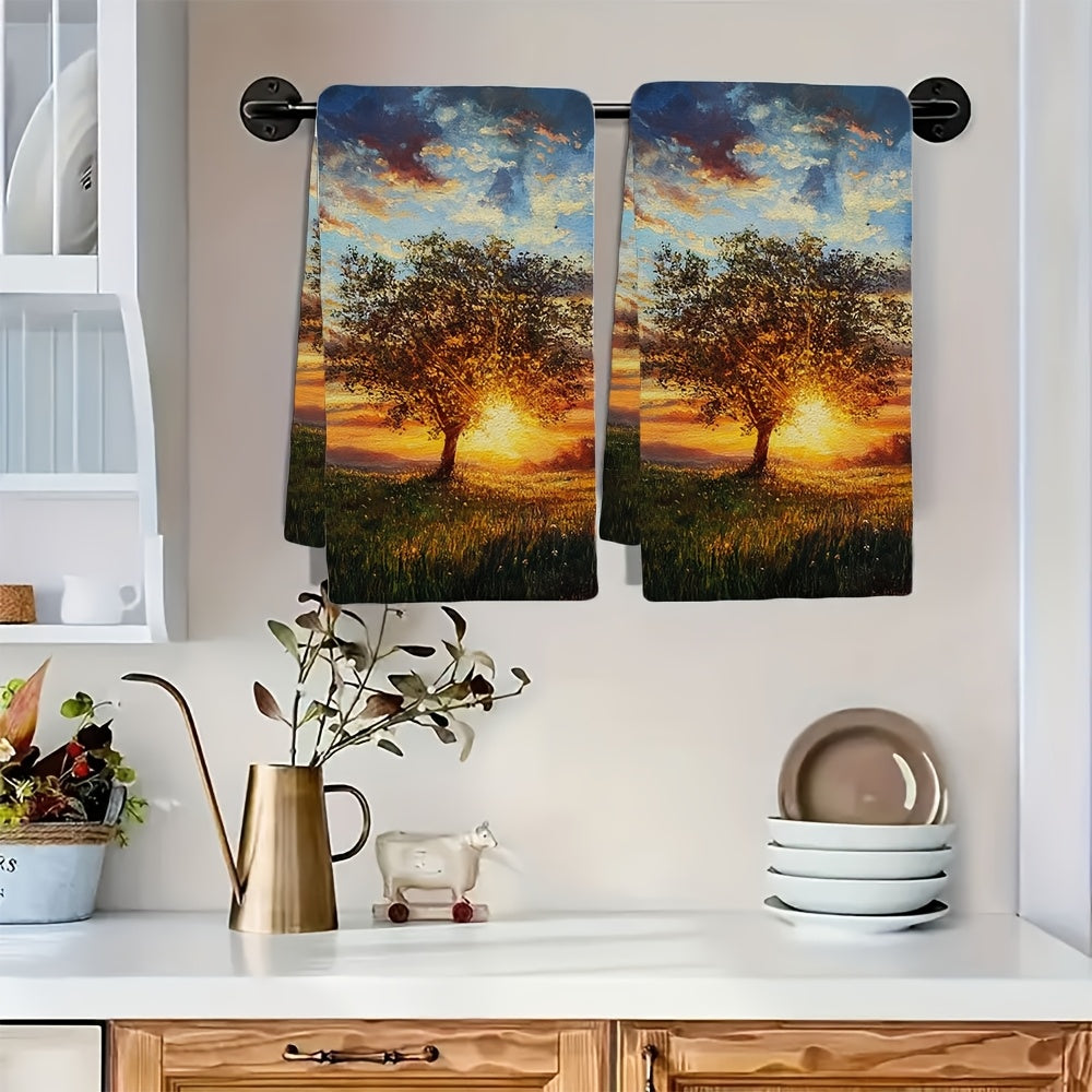 Set of 2 Ultra Soft Kitchen Towels Dusk and Sunset Designs 40x60cm Absorbent