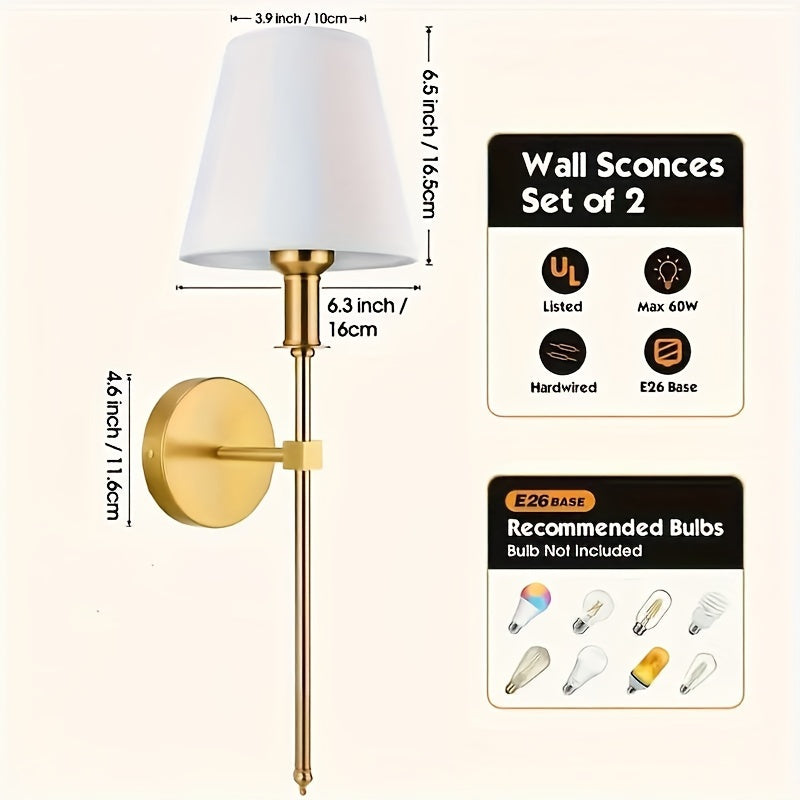 Пара современных настенных бра с белыми тканевыми абажурами, диммируемое металлическое встраиваемое освещение