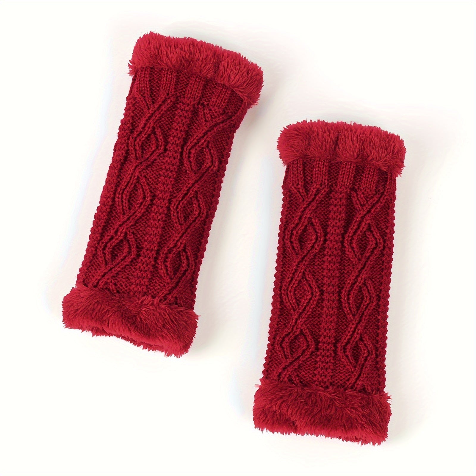 Solid Color Twist Knit Fingerless Gloves with Velvet Lining for Winter Warmth