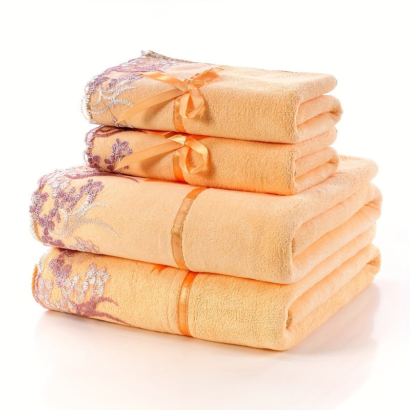 Lace Embroidery Towel Set 4-Piece Bath and Hand Towels Soft Absorbent